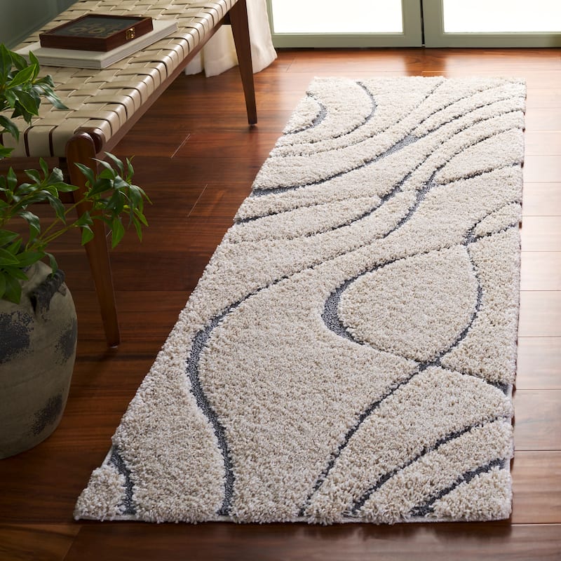 SAFAVIEH Florida Shag Staka Abstract Waves 1.2-inch Area Rug - 2'3" x 17' Runner - Cream/Grey