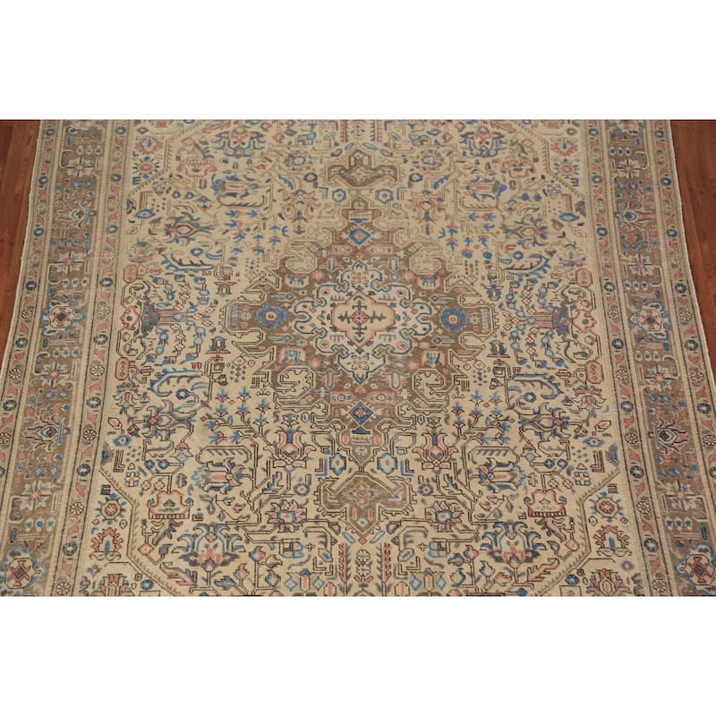 Tabriz Persian Rug Hand-Knotted Oriental Beige Wool Carpet - 7'10"x 10'10"