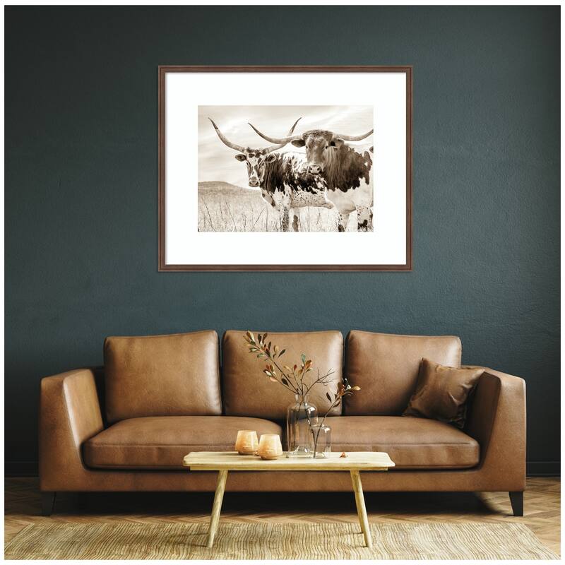 Kate and Laurel Sepia Texas Longhorn Cattle in Pasture by The Creative Bunch Studio Framed Wall Art Print