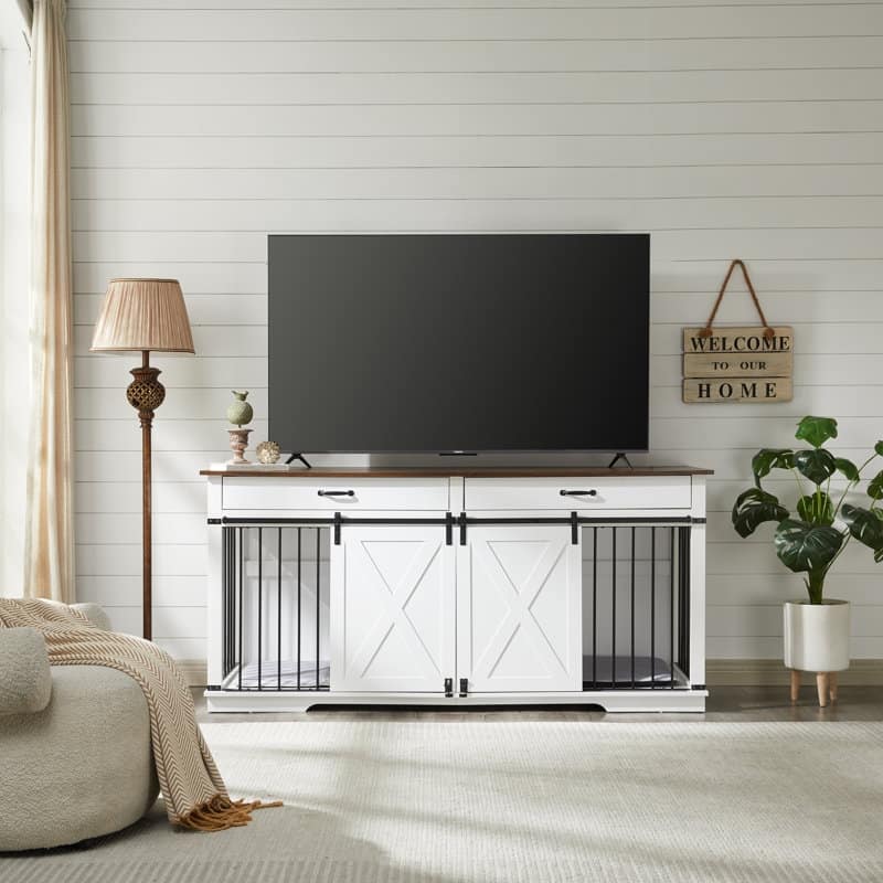Wood Barn Door Large Dog Crate Furniture With 2 Drawers and Divider