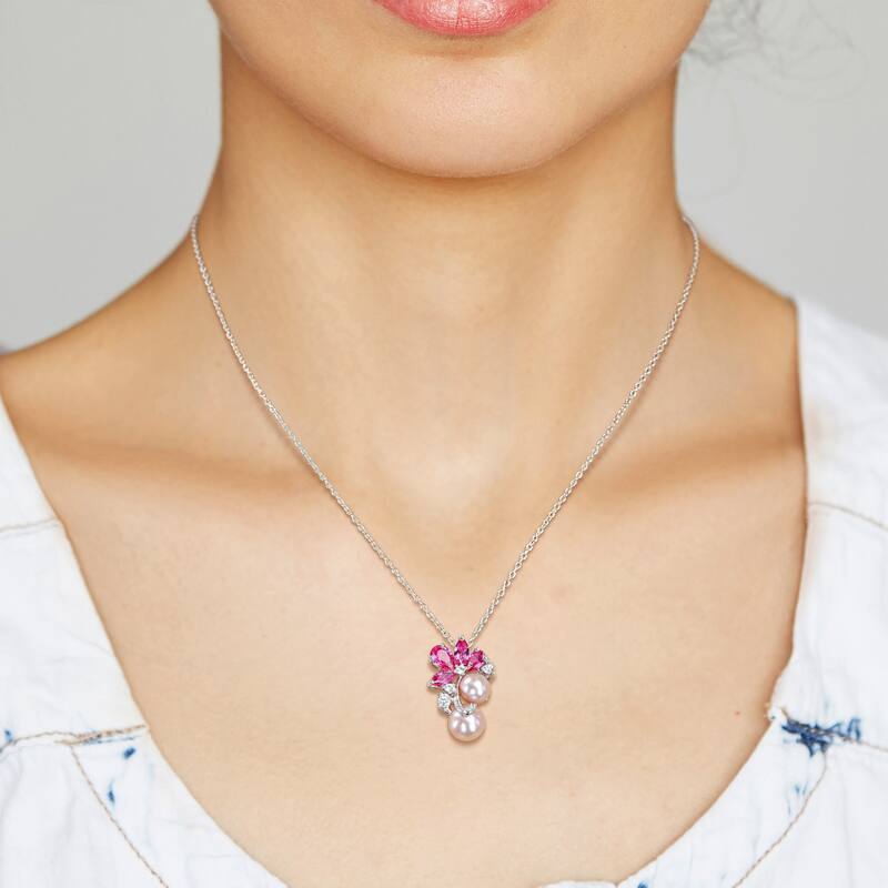 Miadora Pink Cultured Freshwater Pearl & 3 1/8 CT TGW Created Pink and White Sapphire Pendant with Chain in Sterling Silver