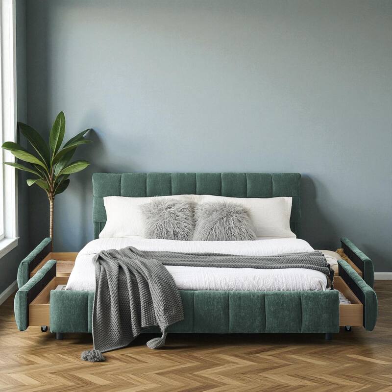 Queen Upholstered Platform Bed with Chenille Fabric, Soft Headboard & Underbed Storage Drawer, Solid Bed Frame