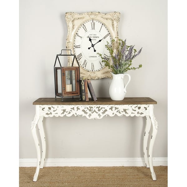 slide 2 of 22, White Wood Intricately Carved Scroll Console Table with Brown Wood Top White