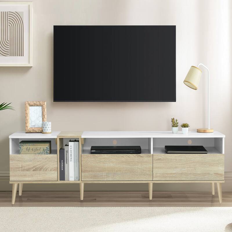 70.86" TV Stand with 3 Drawers and 4 Open Shelves with Cable Management - White