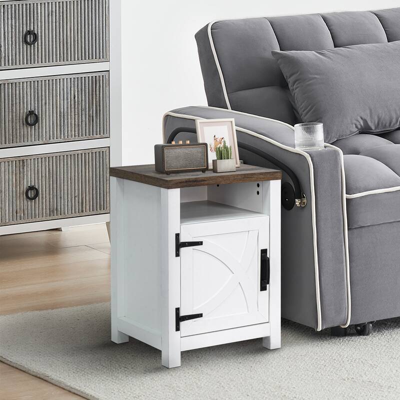 Walnut Barn Door Sofa End Table Nightstand Bedside Table with Storage Shelf