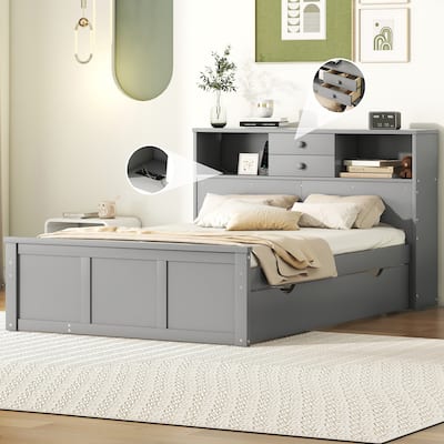 Roomfitters Full Size Wood Platform Bed with twin Size Trundle, 3 Drawers, Upper Shelves and a set of USB Ports & Sockets