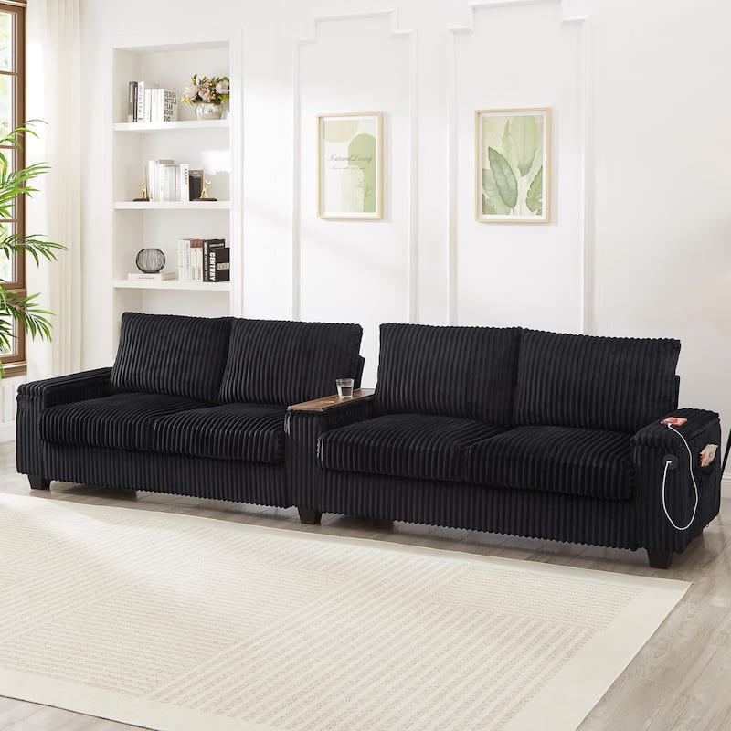 4 Seater Corduroy Sofa Couch with USB Ports and Storage Arms, 133" Modern Sofa with Side Pockets and Flip-Top Cup Holders