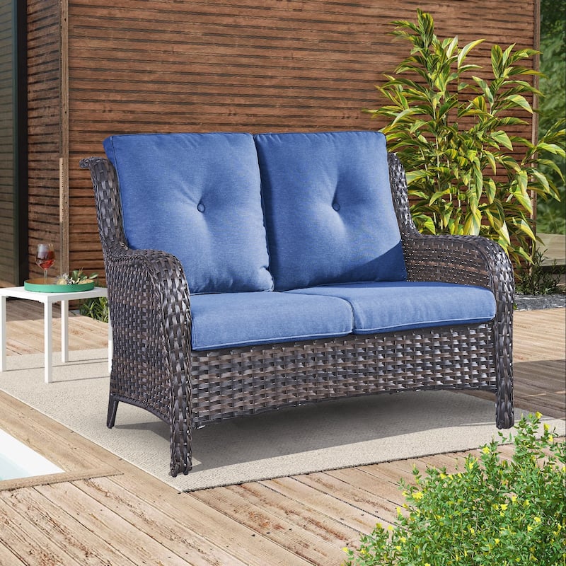 Gymojoy Patio Loveseat Sofa with Cuhsion - Brown - Blue