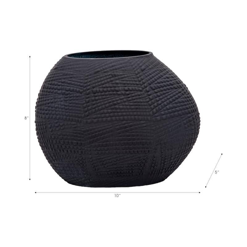Glass Round Textured Modern Flower Vase - Black, 8"