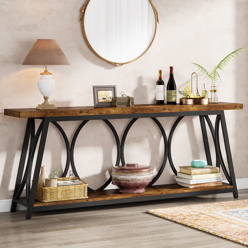 70.9 Inches Extra Long Console Table with 2 Tier Storage Shelf - Brown