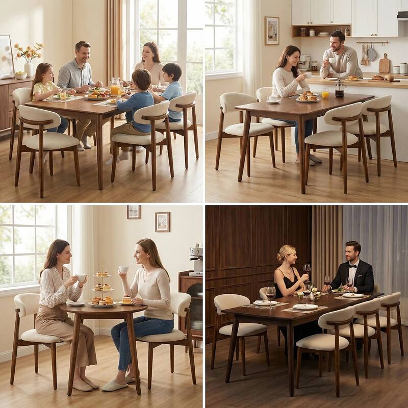 Wooden Dining Chairs Set of 2, Modern Fabric Upholstered Dining Room Chair with Curved Back, with Adjustable Foot Pads