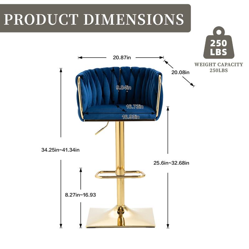 Velvet 360 Swivel Adjustable Height Lifting Vintage Bar Stools(set of 2) with Footrest