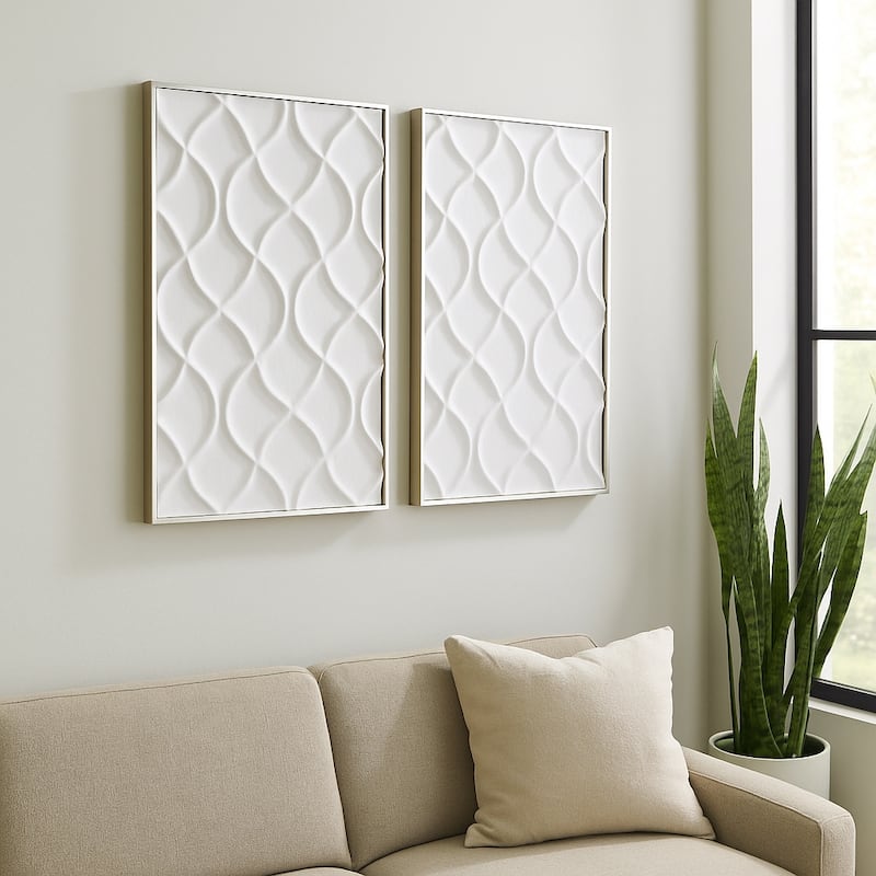 Modern Plaster Wall Decor with Geometric Design - Set of 2, 40", White