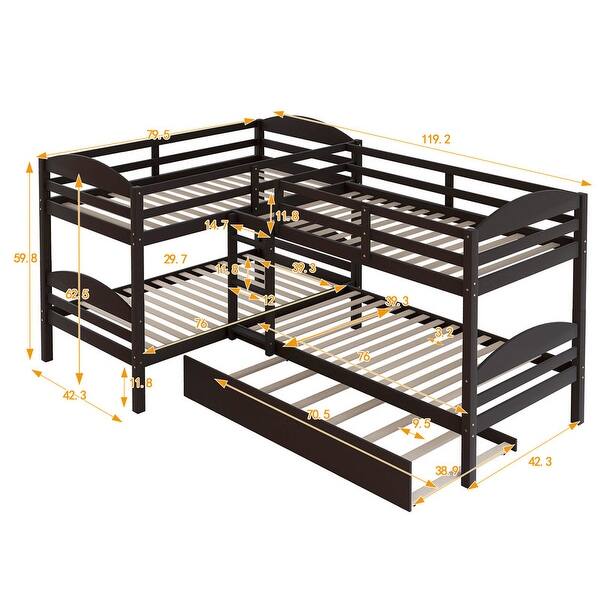 Twin L-Shaped Bunk bed with Trundle and Full-length Guardrail, Espresso