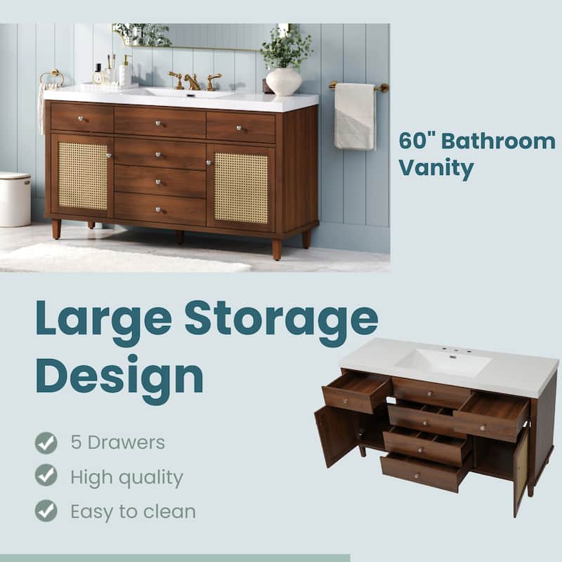 Christopher Knight Home - Emery 60" Bathroom Vanity with SMC Sink, Natural Finish for Modern Large Storage Cabinet