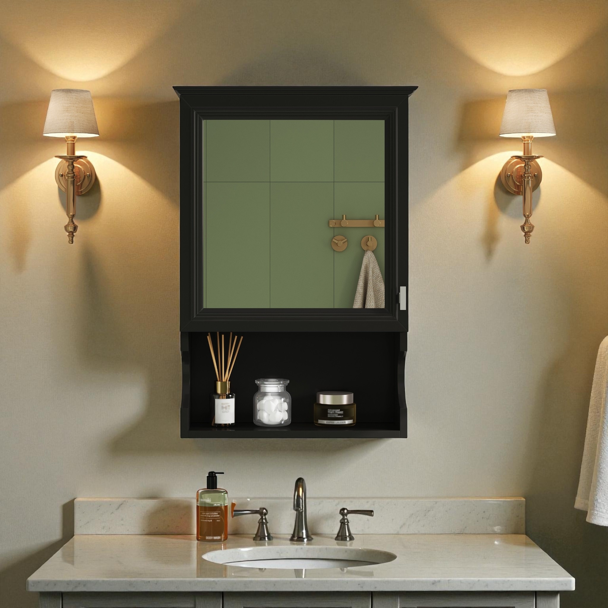 20'' Wall Mounted Bathroom Medicine Cabinet with Mirror, Solid Wood Frame Mirrored Storage Cabinet with Adjustable Shelf