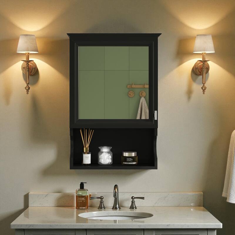 20'' Wall Mounted Bathroom Medicine Cabinet with Mirror, Solid Wood Frame Mirrored Storage Cabinet with Adjustable Shelf - Black