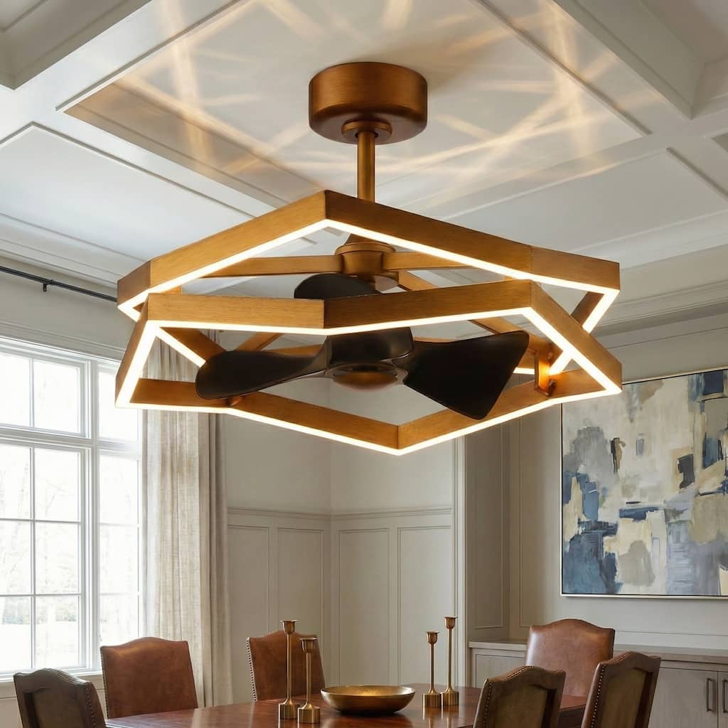 31" Antique Brass Geometric Dimmable Fandelier Caged Ceiling Fan with Light and Remote