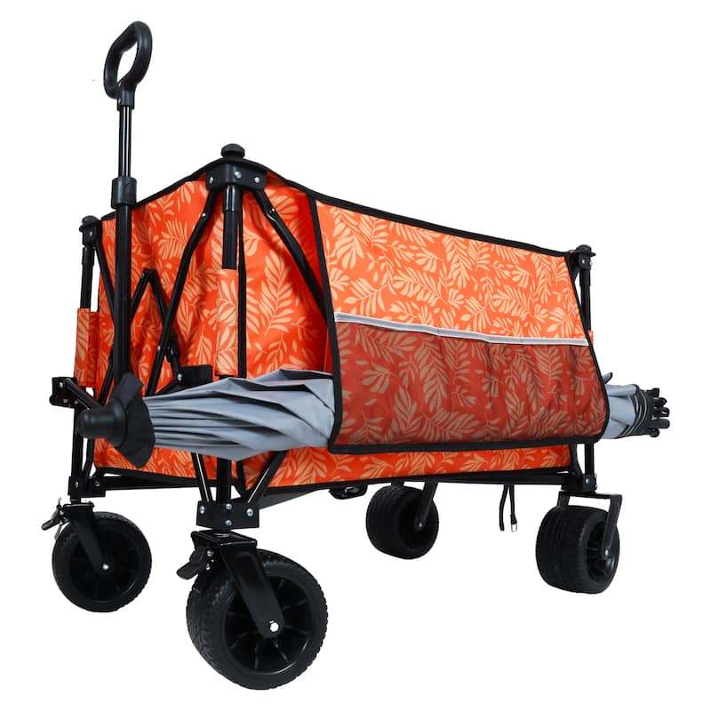 Foldable Extended Wagon With 480lbs Weight Capacity,Garden Cart With Big Beach Wheels & Drink Holders,Side Pocket And Brakes