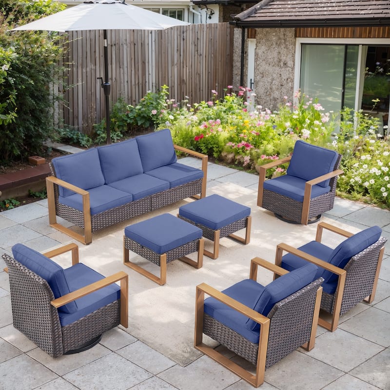 Gymojoy 7 Pieces Patio Sofa with Rattan Swivel Rocking Chair Ottomans Outdoor Conversation Set