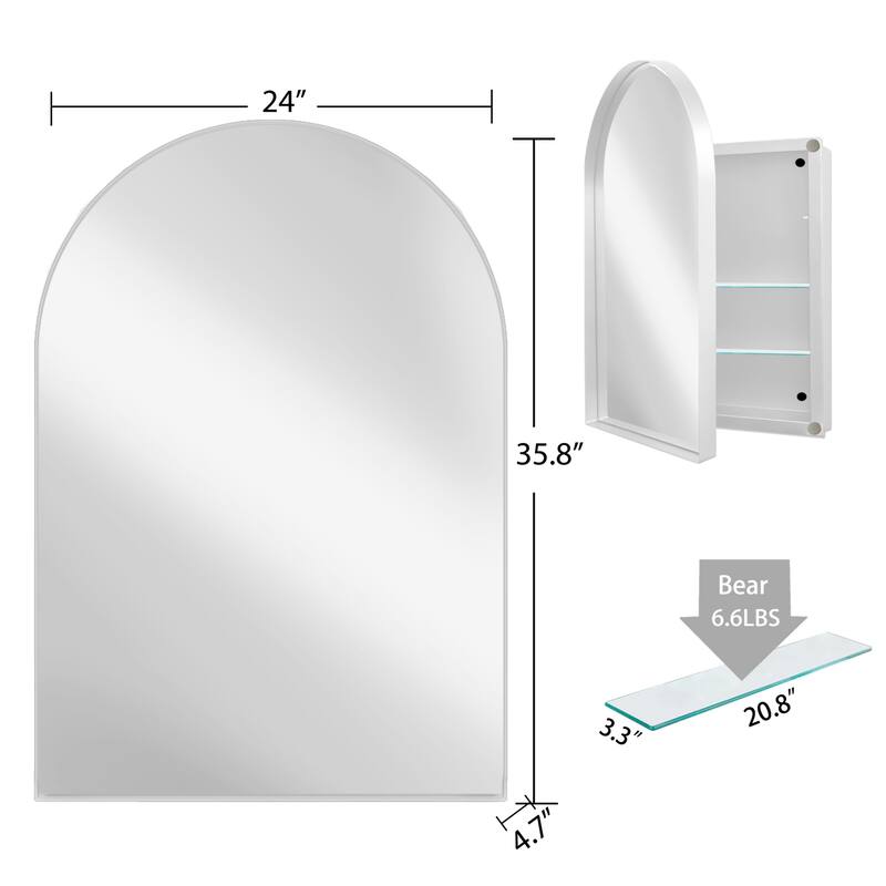 24x36 Inch Arched Bathroom Medicine Cabinet with Mirror, Metal Framed Recessed Wall Cabinet with Mirror