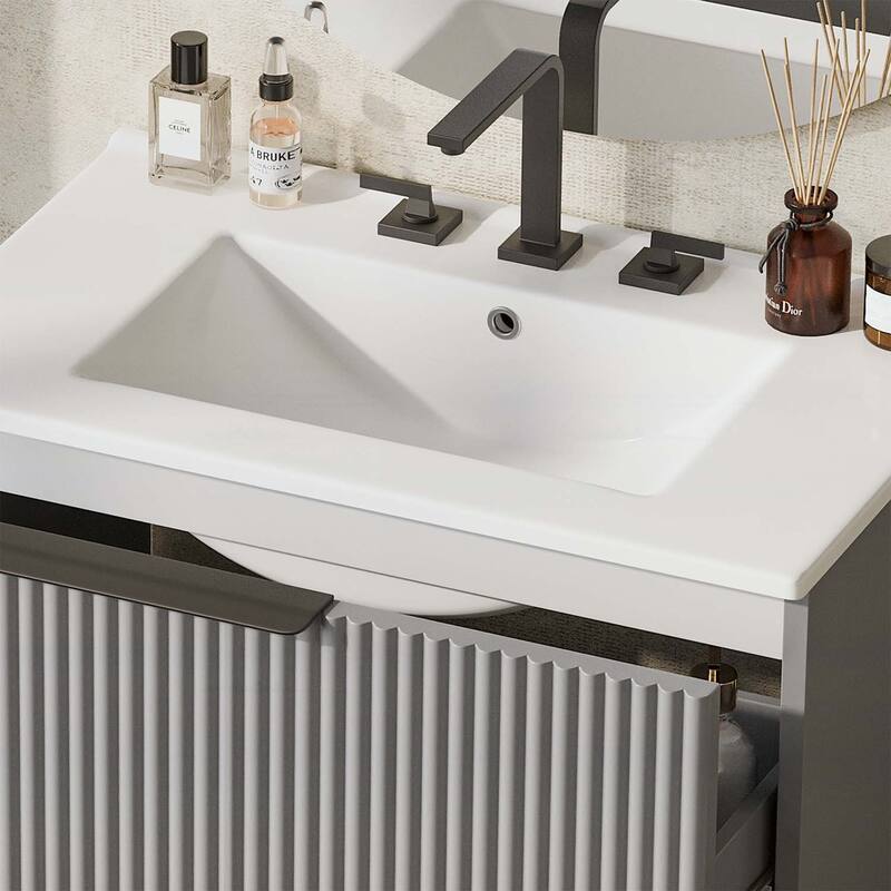 30 Inch Freestanding Bathroom Vanity with Ceramic Sink,Full-Extension Drawers,and Fluted Design