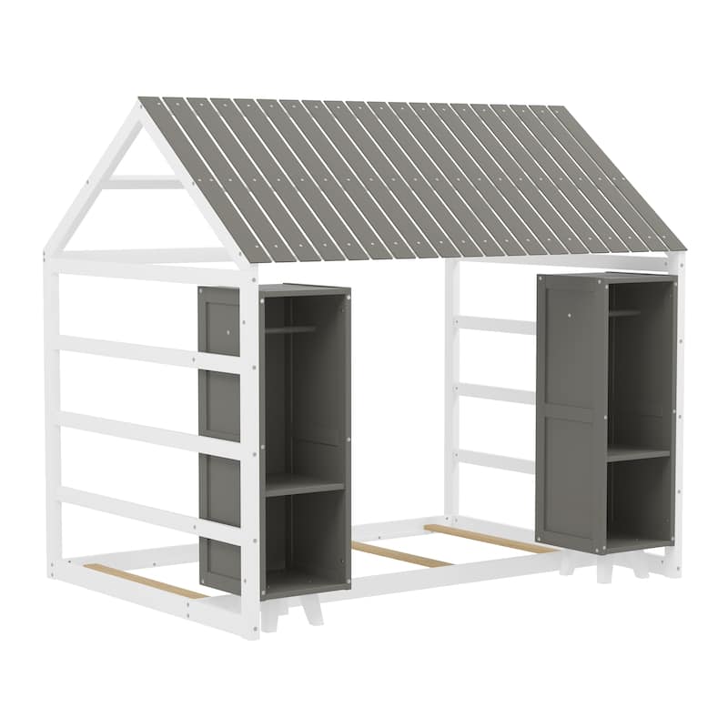 Wooden Slat Roof House Bed Kids Floor Bed Frame with 2 Movable Wardrobes, Panel Bed with Fence and Roof