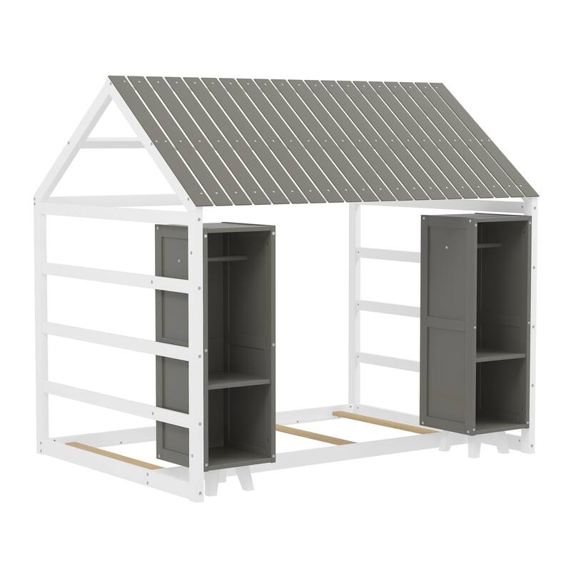 Wooden Twin Size House Shaped Platform Bed Frame with Fence and Roof, Kids Floor Bed with Movable Storage Wardrobes for Bedroom