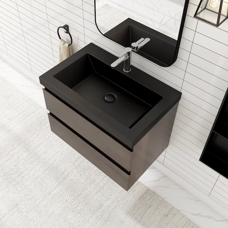 24/30/36 inch Wall-Mounted Bathroom Vanity Set in Grey Oak with Integrated Black Resin Sink