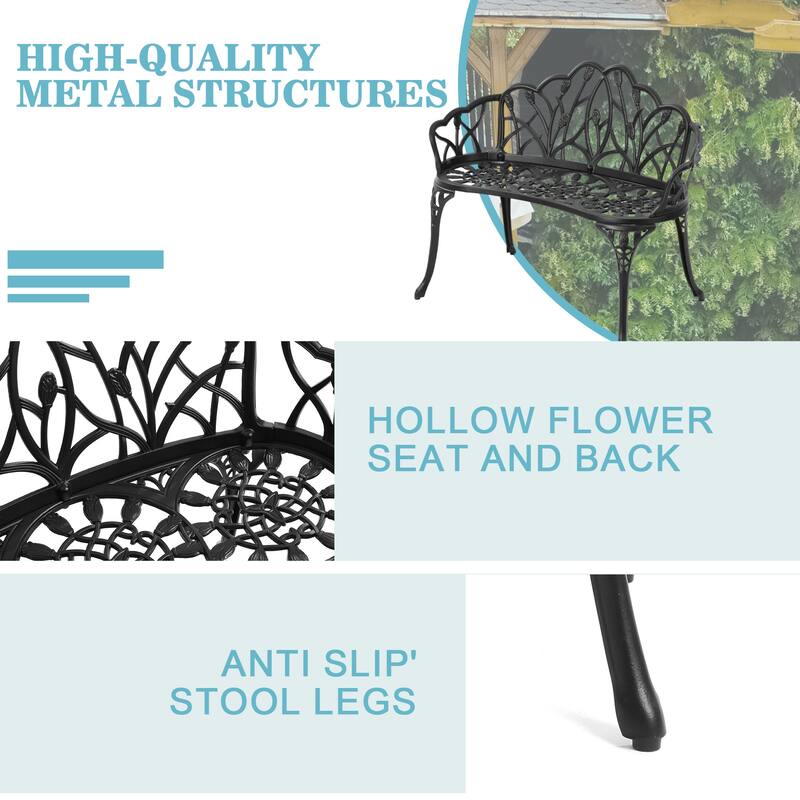 Aluminum 2-Person Classic Outdoor Tulip Garden Bench for Park and Yard
