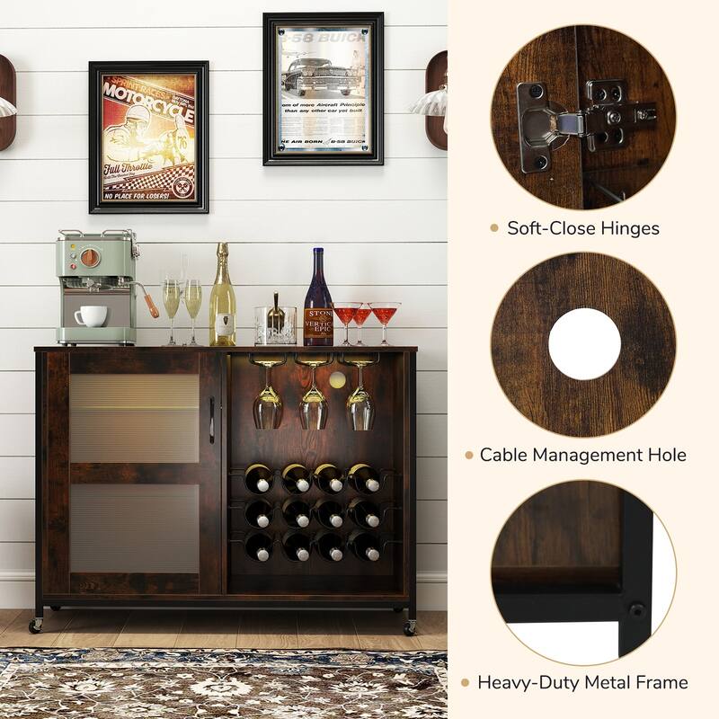 Gymax Wine Bar Cabinet w/ Wheels LED Lights Storage Shelves Glass