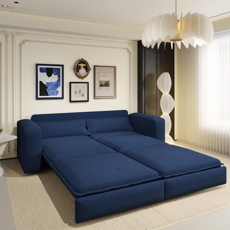 93" King Sleeper Sofa Bed - 3-in-1 Convertible Couch with Chaise Lounge, 2 Pillows, for Living Room, Office - Blue