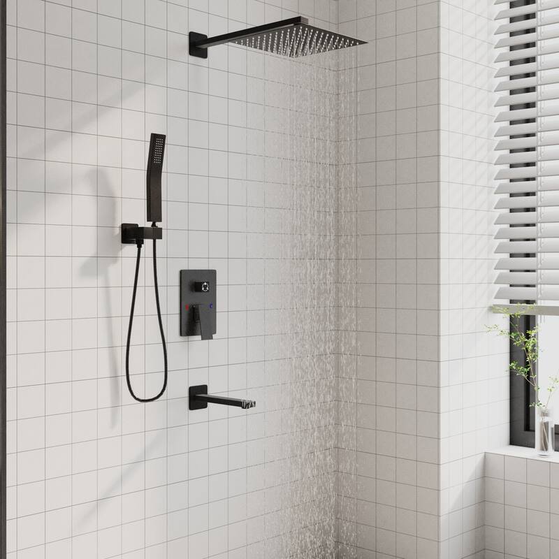 Matte Black Concealed Shower System with 9.7” Rainfall Shower Head, Handheld Shower & Tub Spout