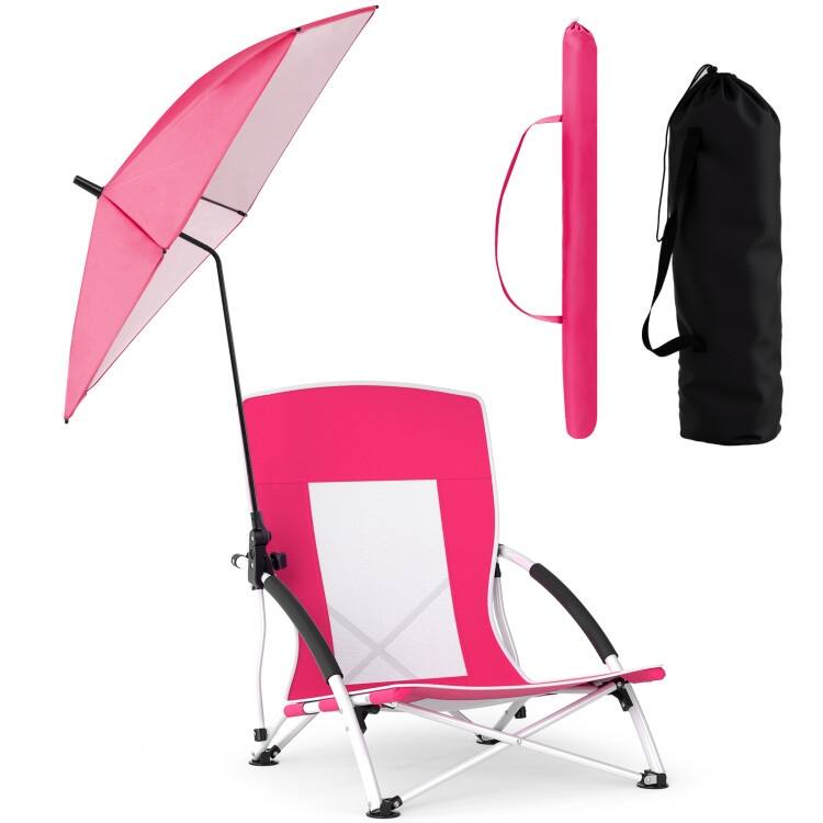 Metal Oxford Fabric Beach Chair with Umbrella and Carry Bag - Pink