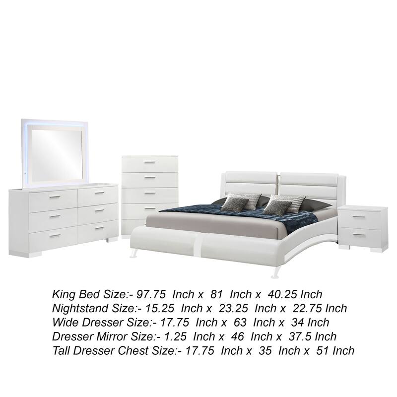 Zor 5pc King Size Bedroom Set, White Faux Leather and LED Mirror