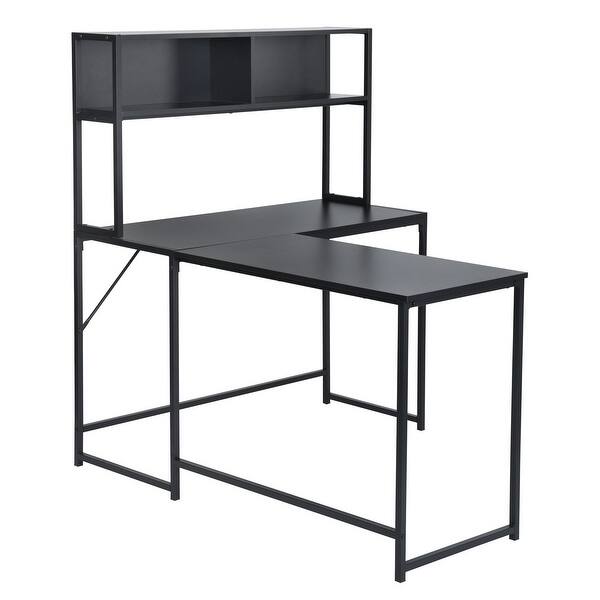 Black L-Shaped Office Desk with Reversible Corner and Storage Hutch ...