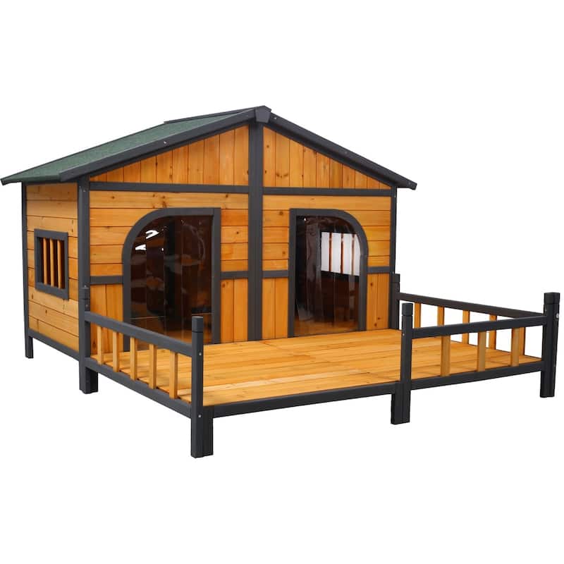 Wooden Outdoor XL Dog House with Porch, Weatherproof Raised Kennel