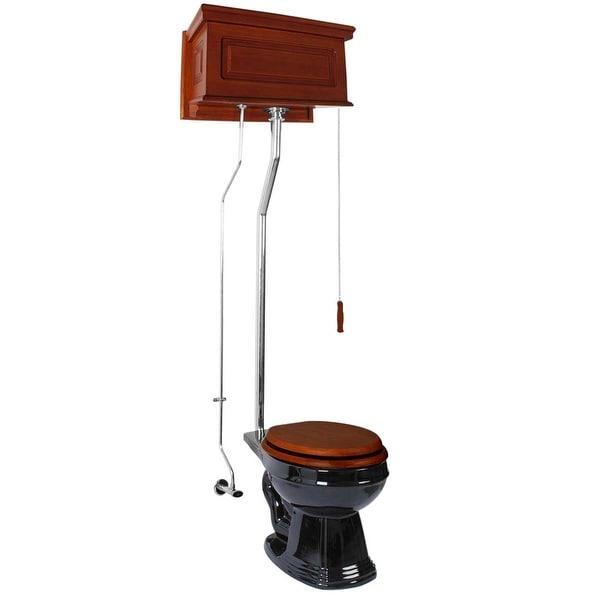 Mahogany Raised Panel High Tank Pull Chain Toilet With Black Round Toilet Bowl