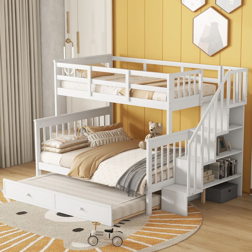 Twin-Over-Full Bunk Bed with Trundle, Storage, and Guard Rail for Bedroom or Dorm