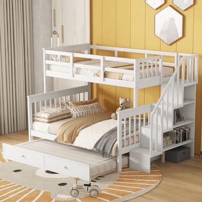 Twin Over Full Solid Wood Bunk Bed with Twin size Trundle, Storage and Guard Rail