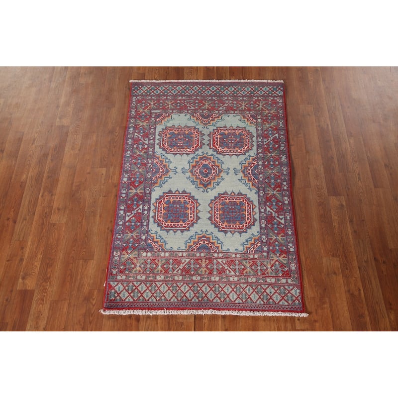 Geometric Kazak Accent Rug Hand-Knotted Blue Wool Carpet - 3'1"x 4'9"