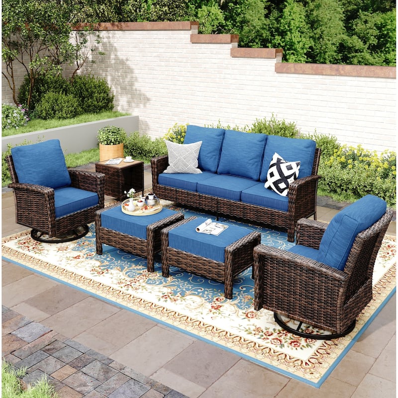 MAISON ARTS 7-Piece Extra-Large Patio Wicker Sofa Conversation Set with Table, Oversize Seat with 5.5'' Thick Padded Cushion - 5 Seats +2 Ottoman + 17'' Table - Navy Blue