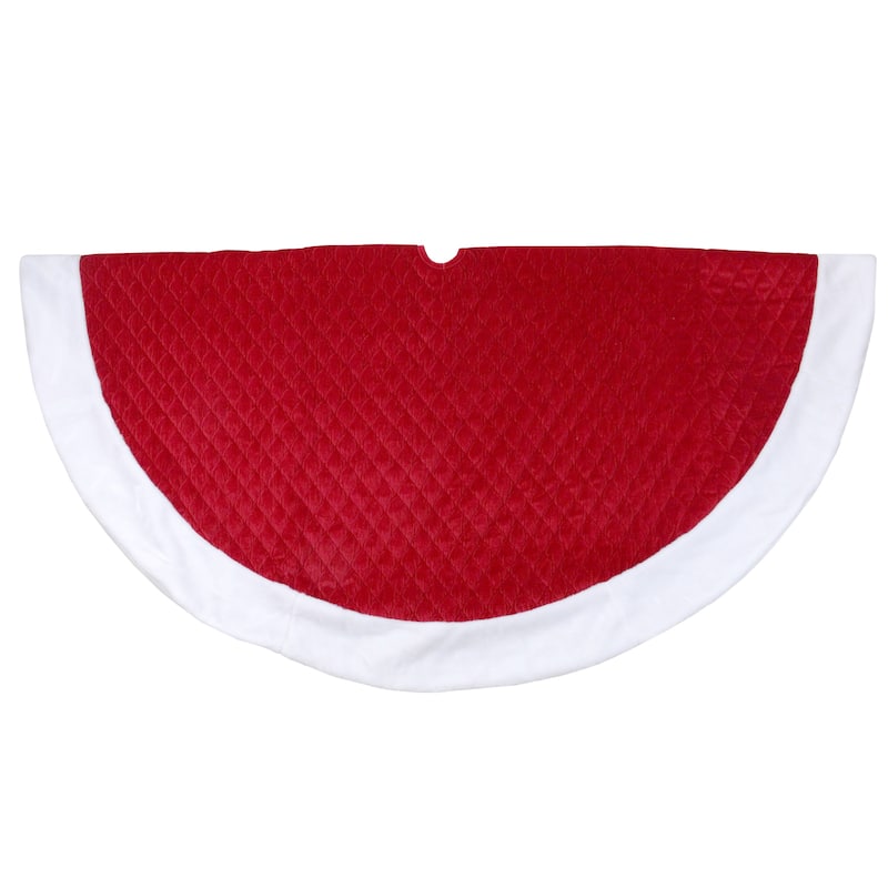 72" Red and White Quilted Christmas Tree Skirt with Faux Fur Trim