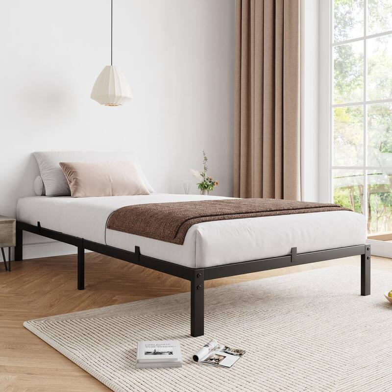 Bed Frame No Box Spring Needed, Heavy Duty Queen Platform Metal Bed Frame with Metal Slats