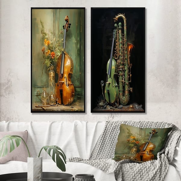 slide 2 of 12, Designart "Bassoon Beauty Opulent Olive" Music Framed Art Set Of 2 - Traditional Wall Art Set Green Wall Decor 2 Pieces 25 in. wide x 28 in. high - Black