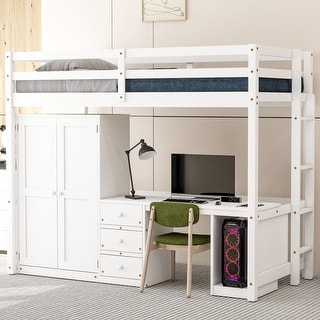 Twin Size Wooden Loft Bed with Wardrobe, Desk and Storage Drawers