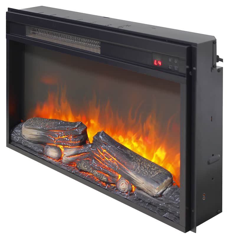26 inch electric fireplace insert, ultra thin heater with log set & realistic flame, remote control with timer