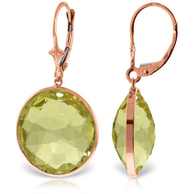 14K Solid Gold Leverback Gemstone Earrings Round Lemon Quartz Gemstone - Rose