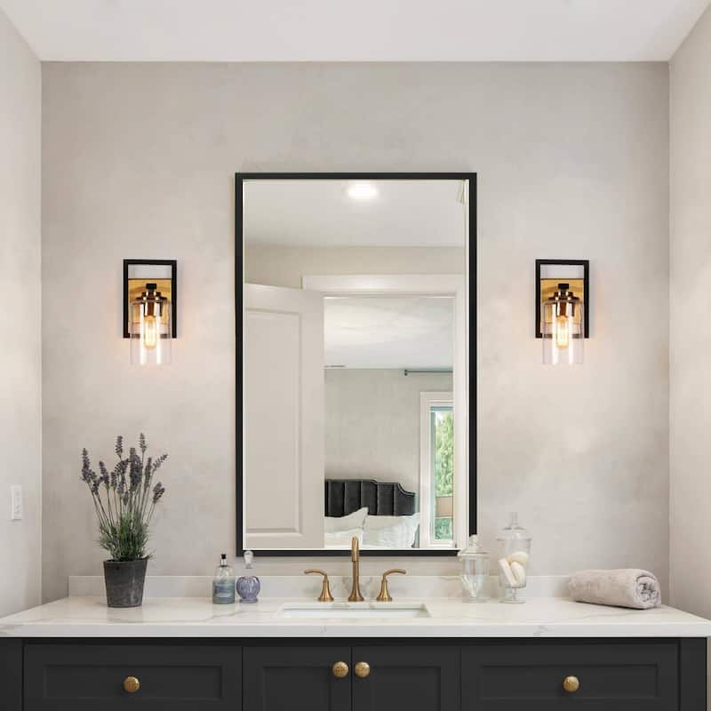1-Light Cylindrical Seeded Glass Wall Sconce Modern Black Gold Vanity Lights - 5.5" L x 6" W x 10" H