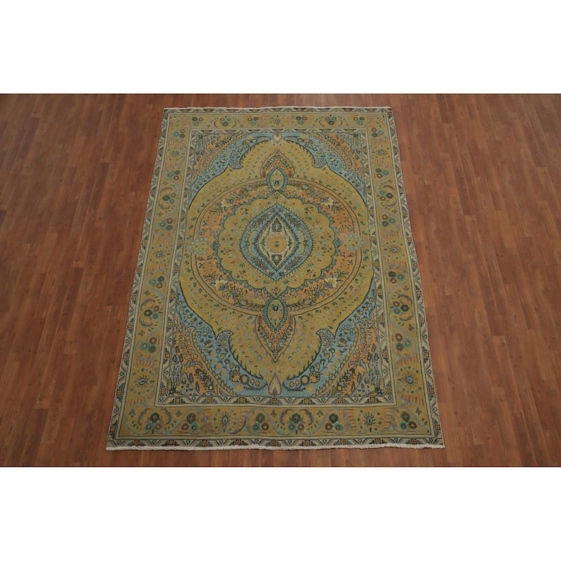 Hand Knotted Oriental 100% Wool Carpet Traditional Floral Yellow & Gold Tabriz Area Rug - 9' 5'' X 6' 5''